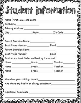 student information form parent contact sheet   kiz tpt
