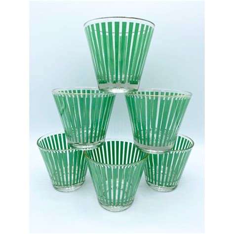 Mid Century Mint Green Stripe Whisky Cocktail Glasses