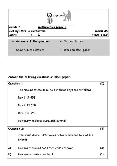 grade  mathematics test paper  term  memorandum included teacha
