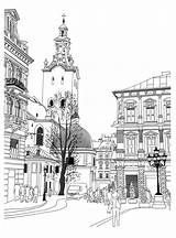 Ville Sketch Coloriage Coloring Illustration Vector Lviv Adulte Ukraine Building Stock City Colorier Dessin Historical Paris Imprimer Drawing Pages Castle sketch template