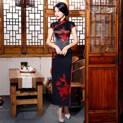 2017 black cheongsam long qipao dress for traditional chinese style