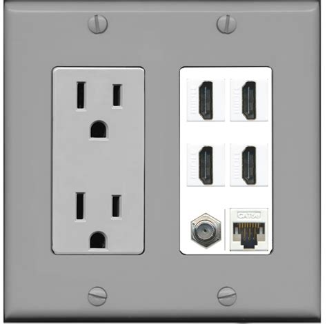 riteav  power outlet  hdmi  cate ethernet  coax cable tv wall plate gray outlet