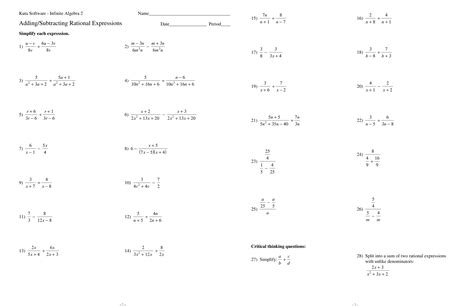 addition  subtraction  rational algebraic expressions worksheets