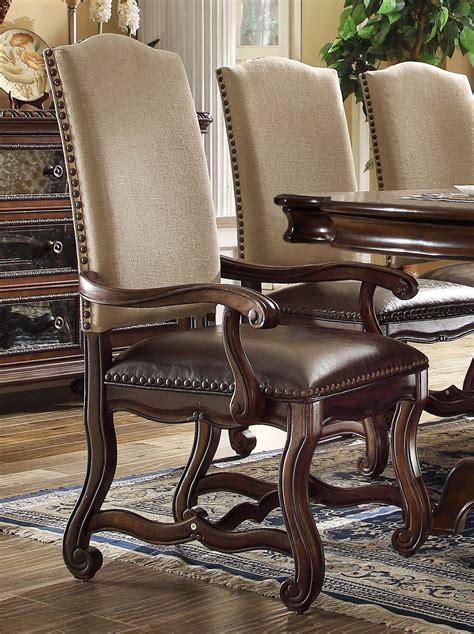 set   coruna upholstered wood arm chairs  nailhead trim