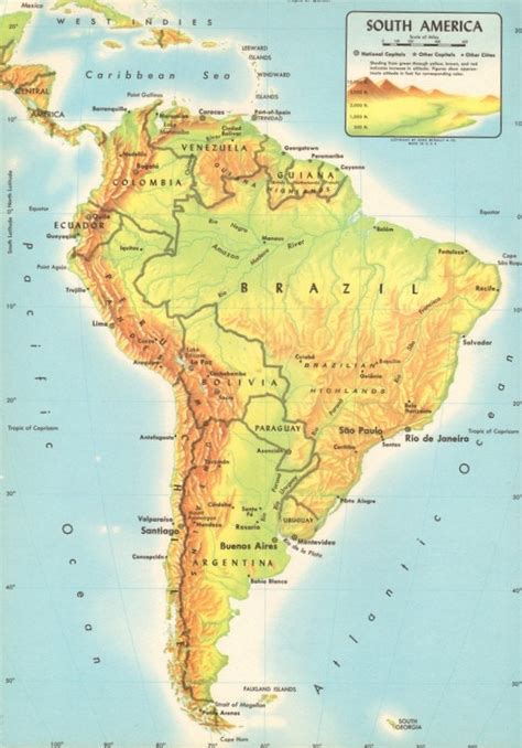 Vintage Physical Map Of South America Large By