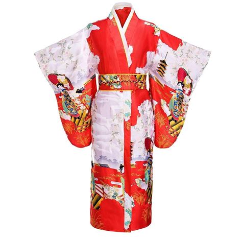 Red Japanese Vintage Original Tradition Silk Yukata Kimono Dress With