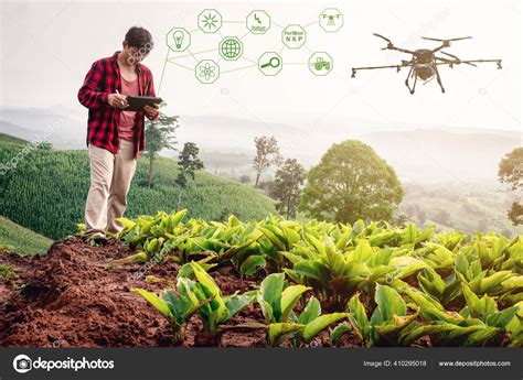 smart farmer  technology control agriculture drone farming fly  spray fertilizer