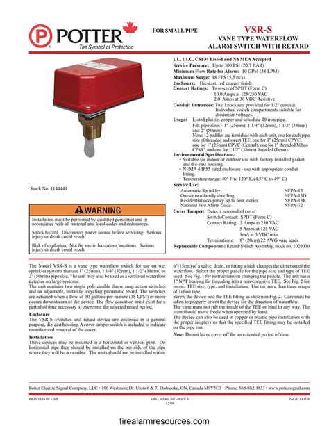 potter vsr  series waterflow alarm switch  small pipe canada fire alarm resources