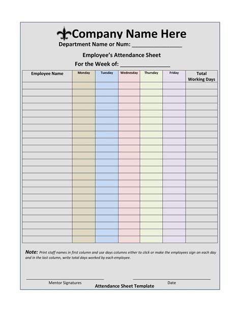 printable weekly attendance sheet template printable templates