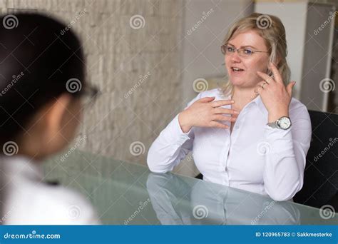 confident blonde woman  job interview answering stock image image  gesturing interview