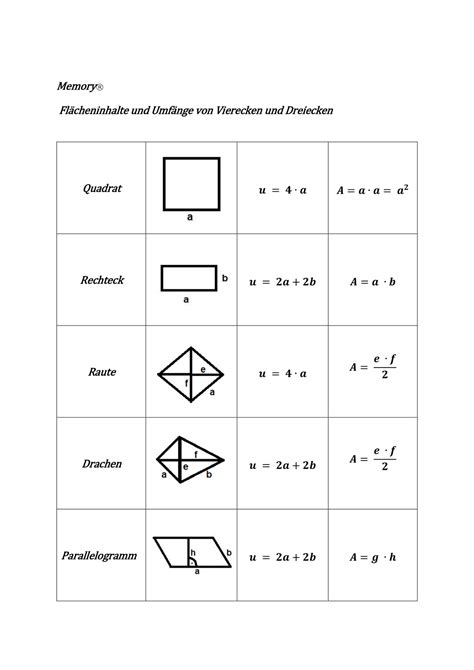 vierecke und dreiecke flaeche und umfang memory unterrichtsmaterial im fach mathematik