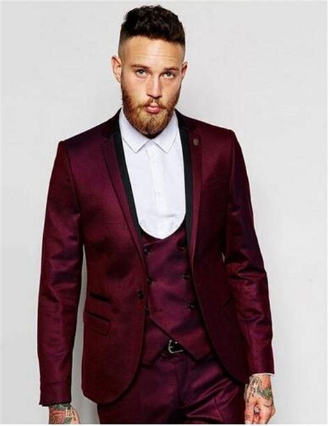 3 pieces fashion wine mens suit jacket pants vest tie wedding suits