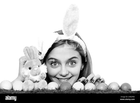 Egg Hunt Girl In Easter Rabbit Bunny Ears With Eggs Woman Peeking