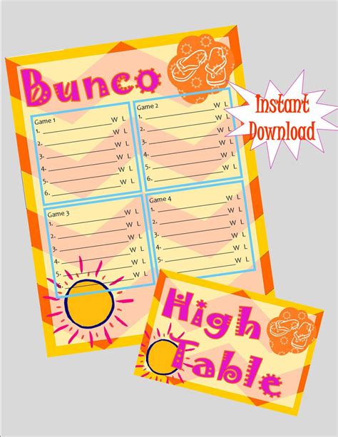 bunco summer fun printable score sheet  table markers instant