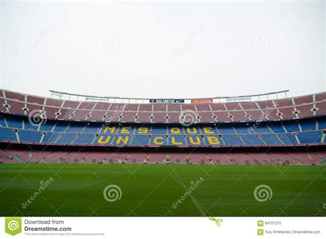 stand displaying barcelonas motto mes   club editorial image image  league spanish