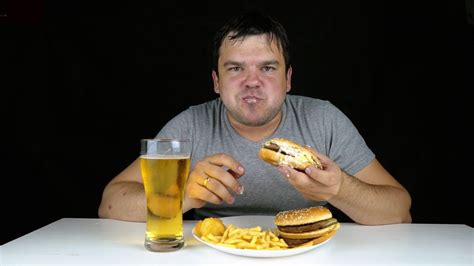 Portrait Of Greedy Fat Man Eating Burger On Stock Footage Sbv 316206602