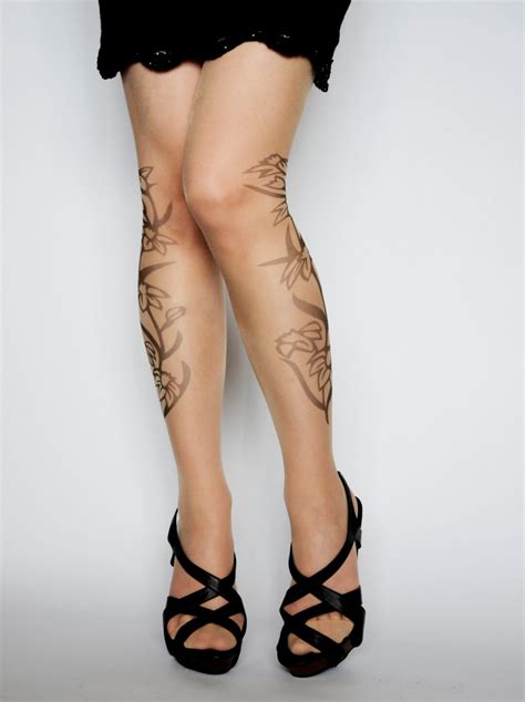 Tattoo Tights With Flowershand Printed Flower Tights Tattoo Etsy