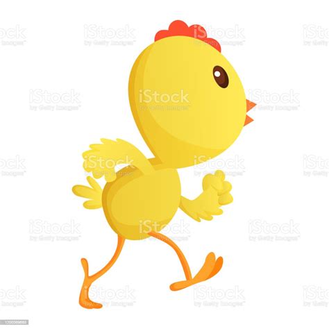 Cute Little Cartoon Chick Running Somewhere Isolated On A White