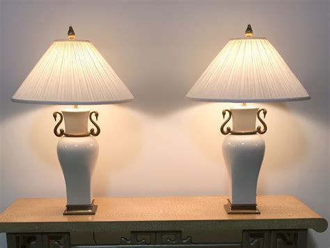 Pair 1980 Vintage Chapman Porcelain & Brass Table Lamps