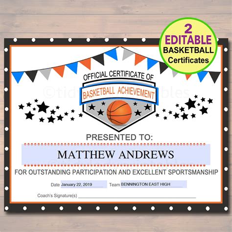 editable basketball certificates instant  basketball