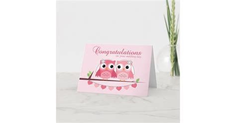 Pink Owls Pink Hearts Lesbian Wedding Congrats Card