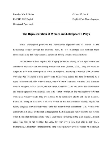 representation  women  shakespeares plays  occasional paper