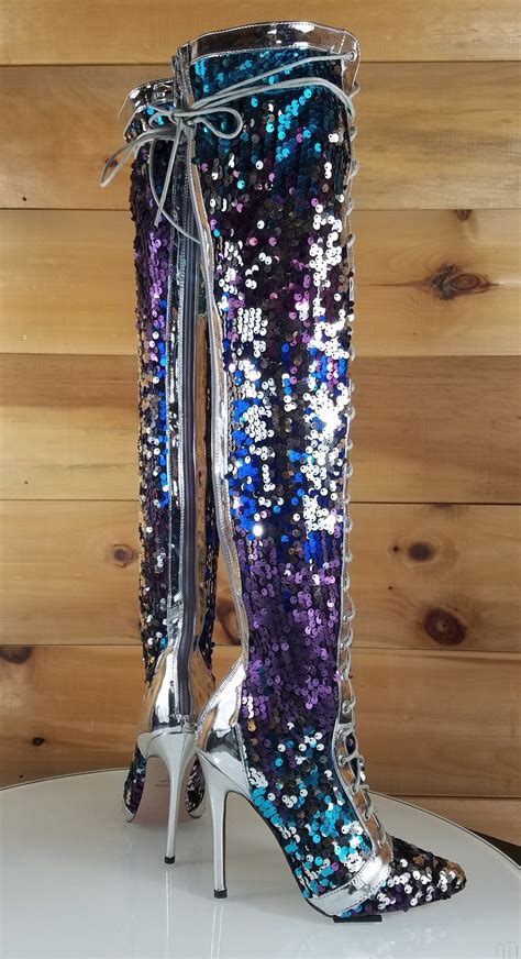 Silver Multi Color Sequin Lace Up Above Knee High Heel