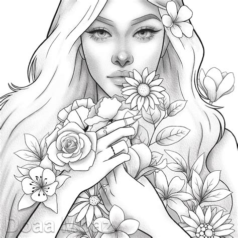 printable coloring page fantasy floral girl portrait etsy sweden