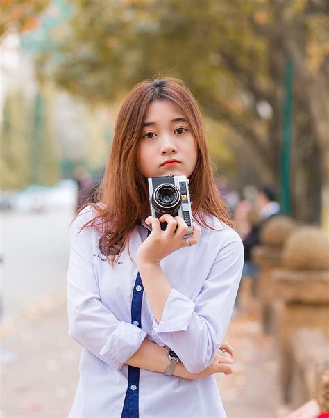 Vietnam Cute Girl Beautiful Camera Yellow Leaves Classic Autumn