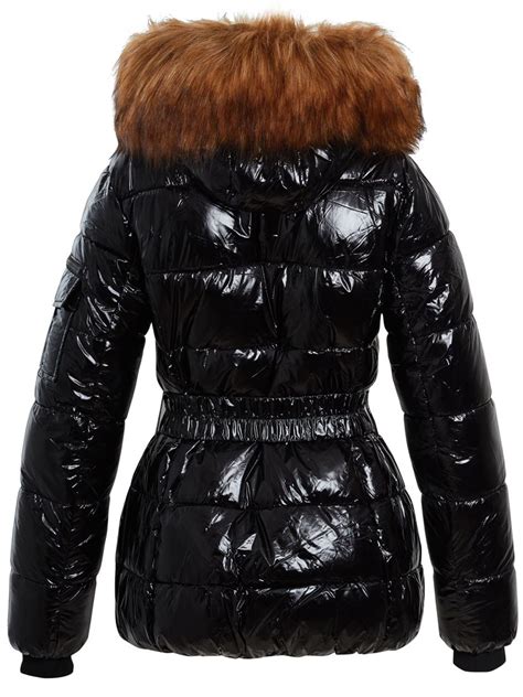 womens puffer coat wet look parka faux fur jacket size 12 8 10 14 16