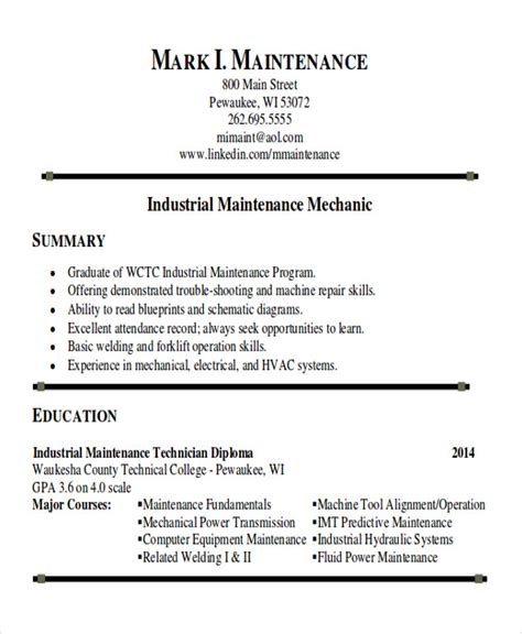 sample maintenance technician resume templates  ms word