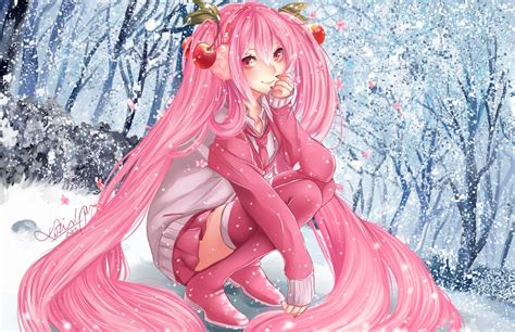 Cherry Blossoms Hatsune Miku Pink Pink Eyes Pink Hair