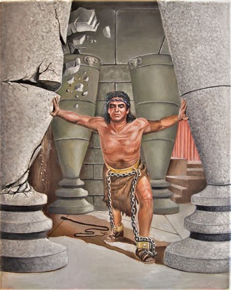 samson destroys  temple  dagon realistic painting  oldman