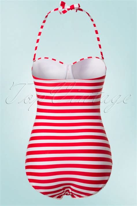 Nancy Stripes Halter Swimsuit Années 50 En Rouge Et Blanc