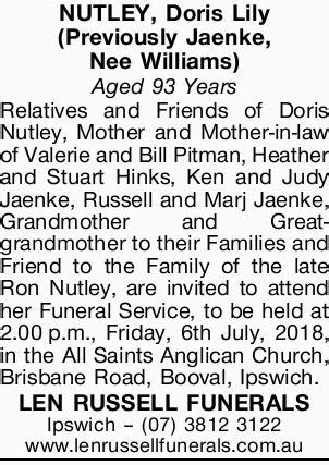 nutley doris lily previously jaenke nee williams funeral notices