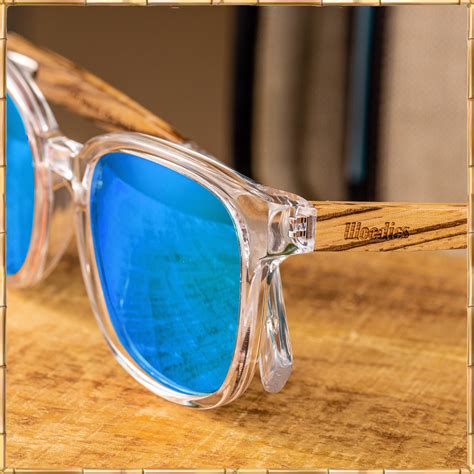 clear acetate sunglasses  polarized blue lens  wood display box woodies