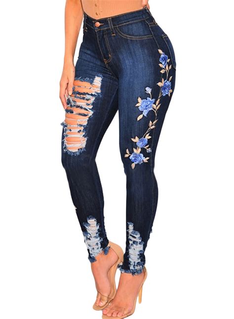 Embroidered Destroyed Ripped Distressed High Waist Skim Fit Skinny