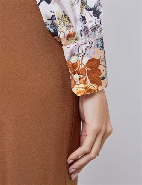 women s brown and cream floral fitted satin blouse single cuff pussy