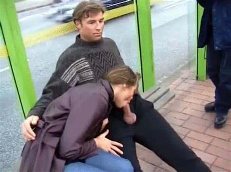 shameless blowjob on a bench of bus stop public blowjob