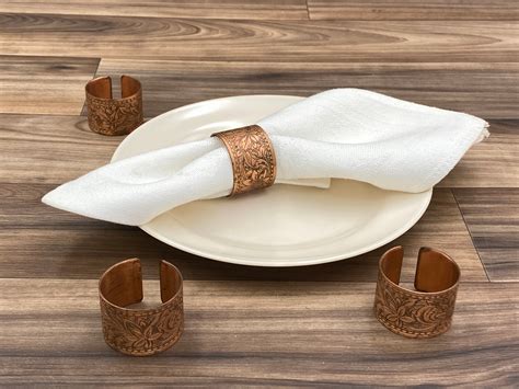 vintage copper napkin rings etched floral design  piece set dinner napkin holders rustic home