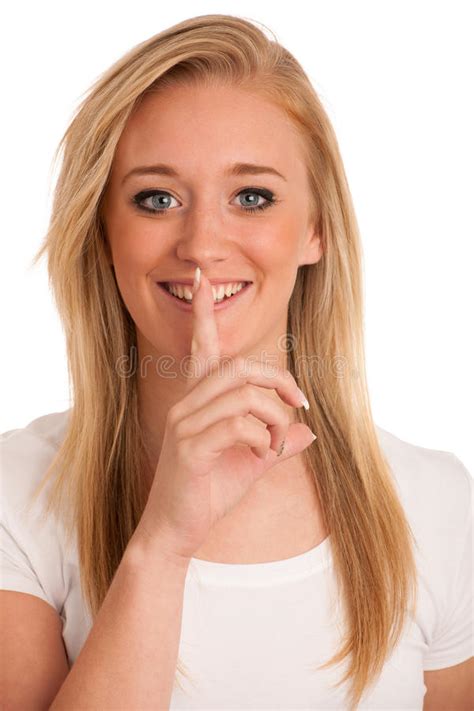 cute blonde teen gesturing silence stock image image of