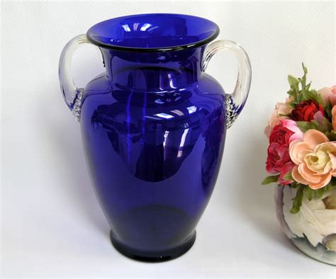 Vintage Cobalt Blue Glass Handled Vase C 1930 S By Etsy