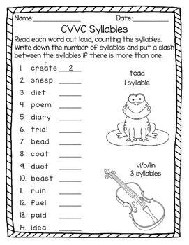 syllable patterns  le vcccv  cvvc  prep worksheets