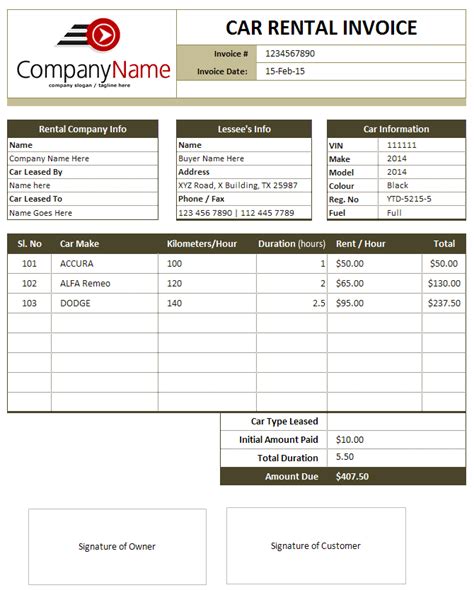 car hire invoice template  printable templates