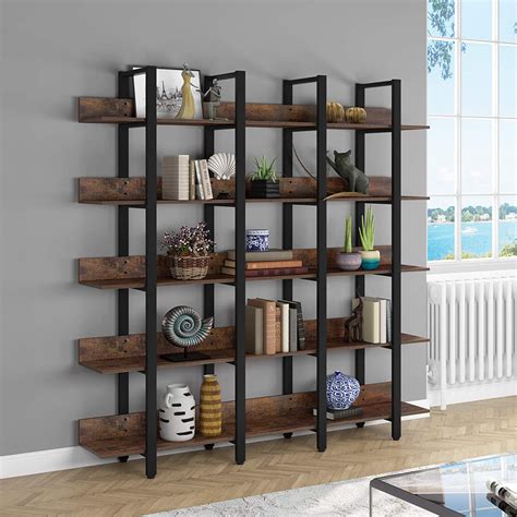 industrial large  tier open bookcase tribesigns rustic triple wide bookshelf display storage