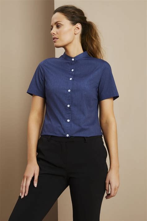womens short sleeve denim  banded collar shirt dark blue denim shop   simon jersey uk