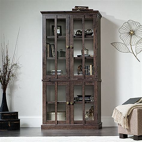 Contemporary Tempered Glass Tall Display Cabinet In Coffee Oak Mathis