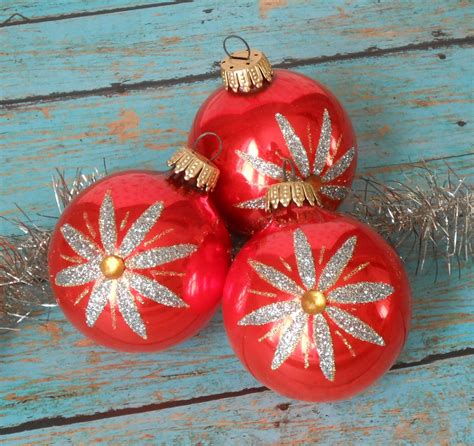 3 Vintage West Germany Glass Christmas Ornaments With Glitter