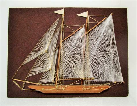 Vintage String Art Schooner Sail Boat Nautical Picture Mid