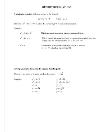 quadratic equation worksheet    printable